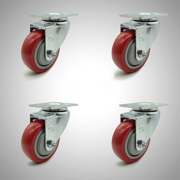3.5 Inch SS Red Polyurethane Wheel Swivel Top Plate Caster Set